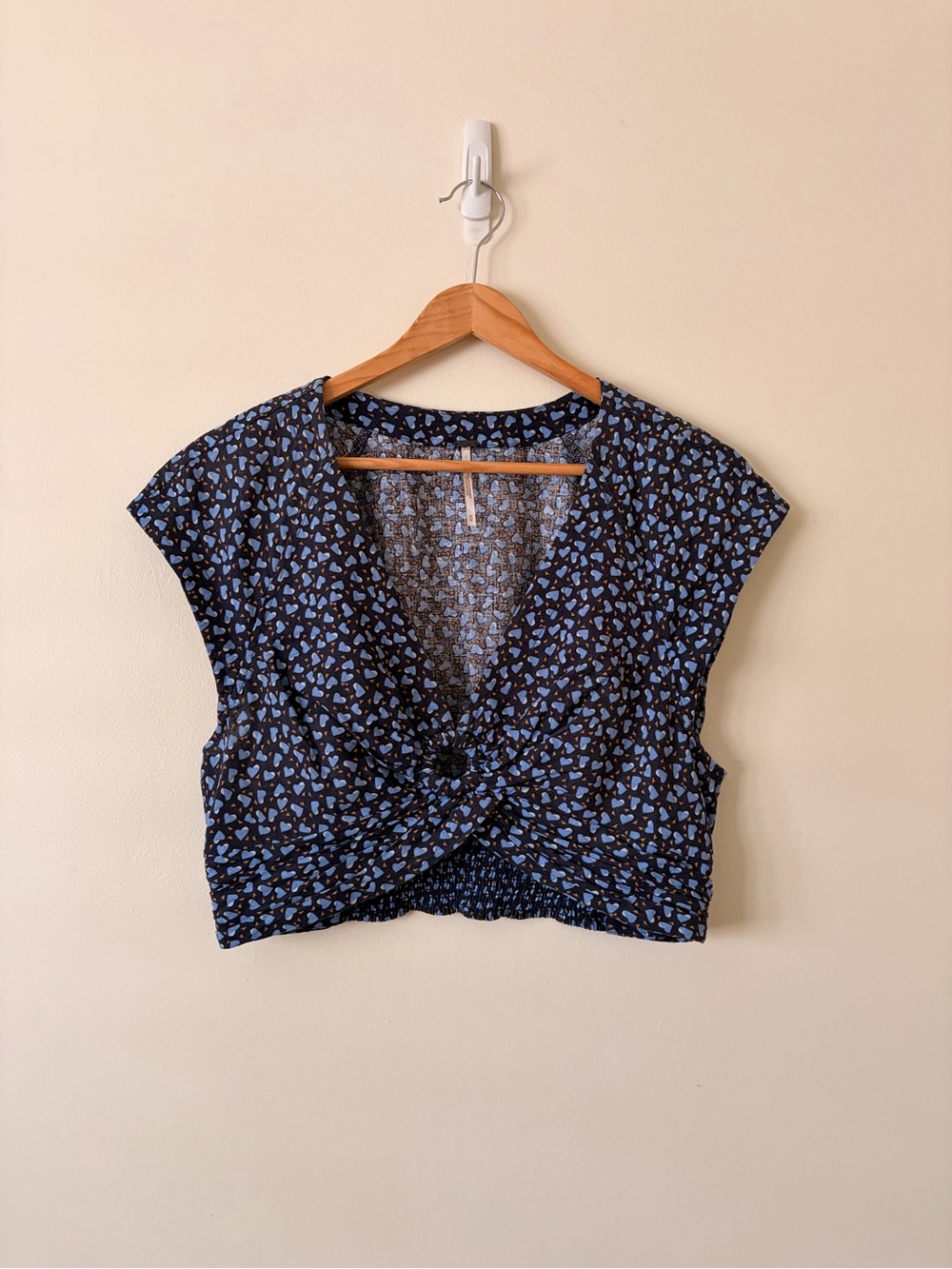 Free People Navy Crop Top with Light Blue Heart Print
